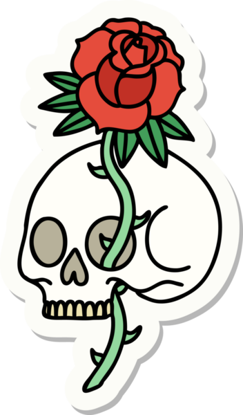 Geleneksel kafatası stili dövme çıkartması ve bir insan tarafından çizilmiş gül.