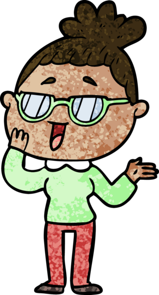 Bir insan tarafından çizilmiş gözlüklü mutlu kadın çizgi filmi.