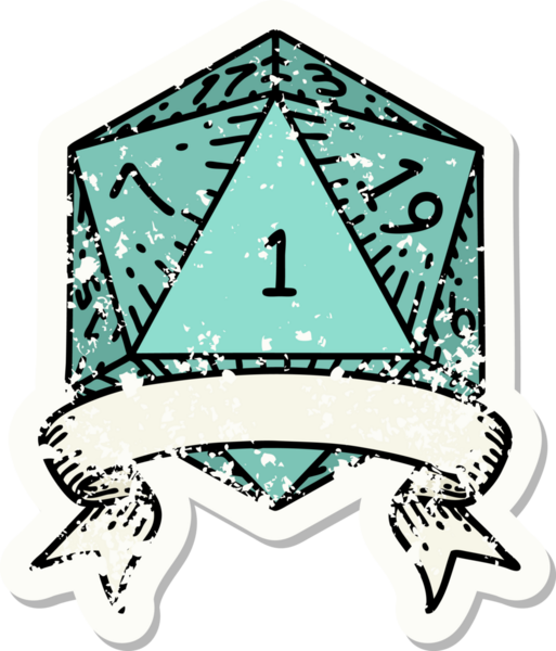 Bir insan tarafından çizilmiş doğal bir d20 zarının grunge çıkartması.