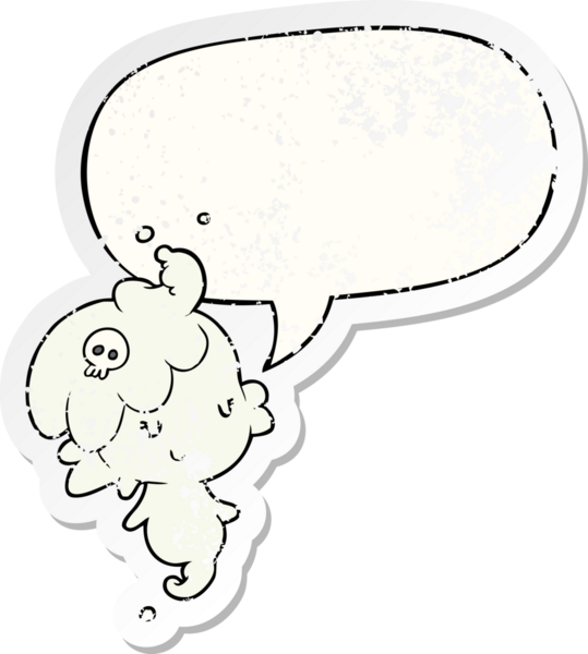 Konuşma baloncuğu olan tatlı bir hayalet kız. Bir insan tarafından çizilmiş sıkıntılı eski bir çıkartma.