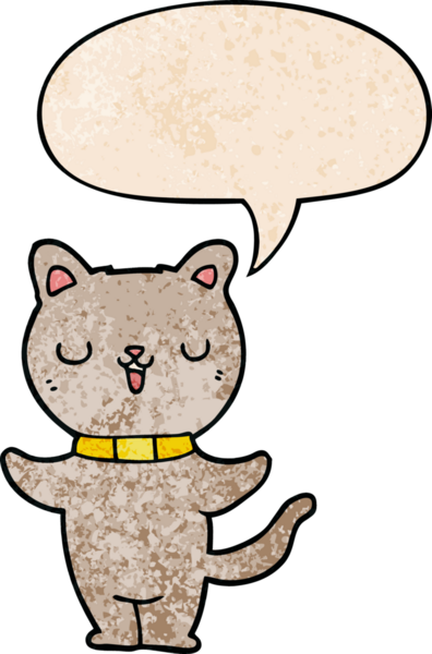 Konuşma baloncuğu olan çizgi film kedisi insan tarafından çizilmiş eski moda dokular.