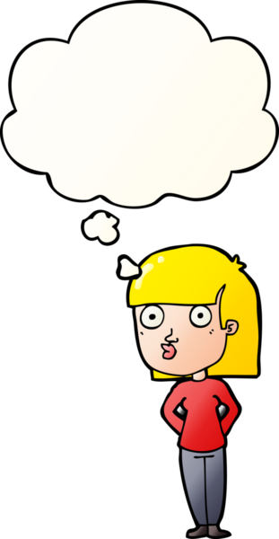 Bir insan tarafından çizilmiş yumuşak eğimli düşünce baloncuğuyla bakan çizgi film kadını.