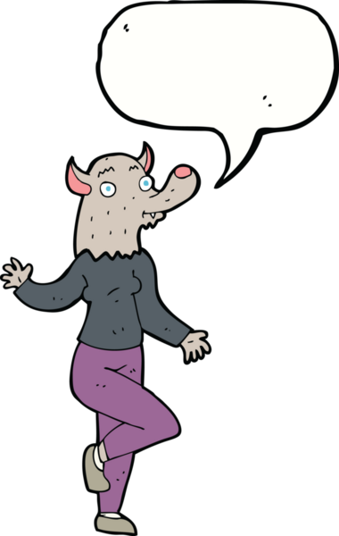 Bir insan tarafından çizilmiş konuşma balonu olan dans eden kurt kadın.