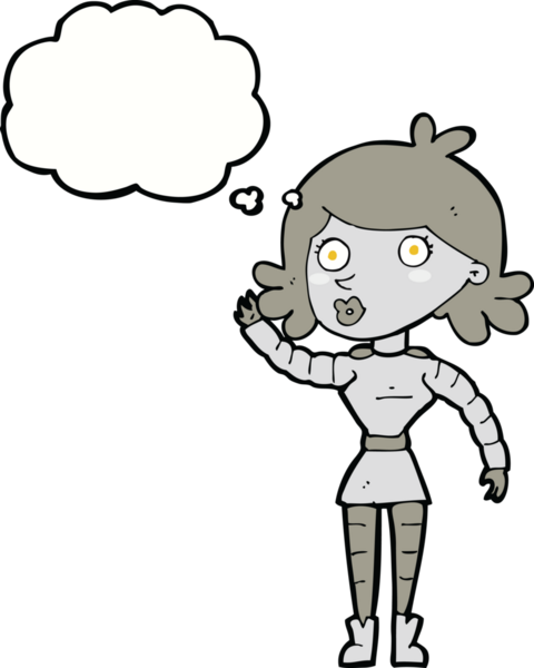 Bir insan tarafından çizilmiş düşünce balonuyla el sallayan robot kadın.