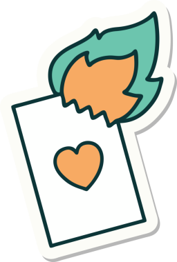 Geleneksel stil dövme çıkartması. Bir insan tarafından çizilmiş alevli kart.