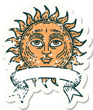 Bir insan tarafından çizilmiş güneşli eski bir etiket.