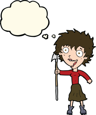 Bir insan tarafından çizilmiş düşünce balonlu mızraklı çılgın kadın.