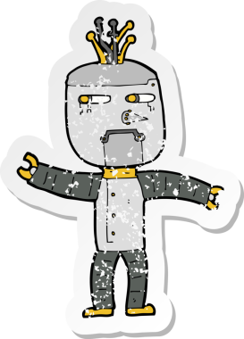 Bir insan tarafından çizilmiş karikatür robotunun gerilmiş yapıştırması.