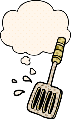 Çizgi roman tarzında bir insan tarafından çizilmiş düşünce baloncuklu bir spatula.