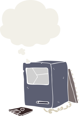 Bir insan tarafından çizilmiş, düşünce baloncuklu eski bir çizgi film.