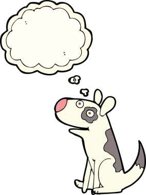 Bir insan tarafından çizilmiş düşünce balonlu mutlu bir köpek.