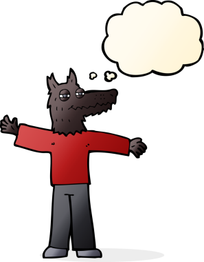 Bir insan tarafından çizilmiş düşünce balonlu mutlu kurt adam çizgi filmi.