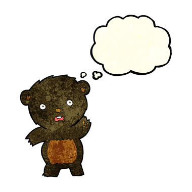 Bir insan tarafından çizilmiş düşünce baloncuğu ile siyah ayı yavrusunu sallayan çizgi film.