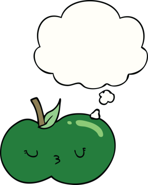Bir insan tarafından çizilmiş düşünce baloncuklu şirin bir elma.