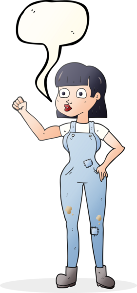 Serbest konuşma balonu çizen karikatür kadın bir insan tarafından çizilmiş yumruğunu sıkıyor.