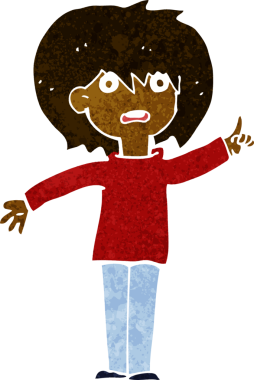 Çizgi filmdeki kadın bir insan tarafından çizilmiş sorular soruyor.