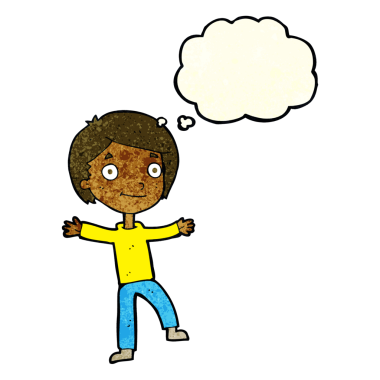 Bir insan tarafından çizilmiş düşünce baloncuğu olan heyecanlı çocuk.