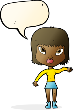 Bir insan tarafından çizilen konuşma baloncuğuyla jest yapan çizgi film kadını.