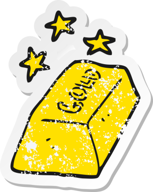 Bir insan tarafından çizilmiş altın bir çizgi film çıkartmasının gerilemiş retro etiketi.