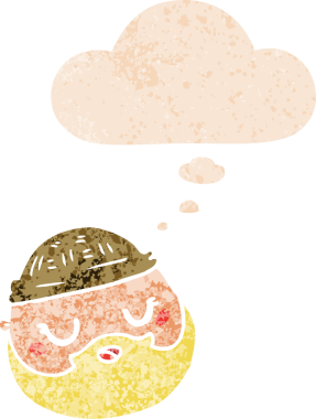 çizgi film erkek yüzü sakallı grunge 'da düşünce baloncuğu olan sıkıntılı retro tarzı bir insan tarafından çizilmiş.