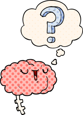 Çizgi roman tarzında bir insan tarafından çizilmiş düşünce baloncuklu çizgi film meraklısı beyni.