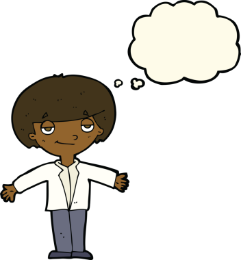 Bir insan tarafından çizilmiş düşünce kabarcığı olan kendini beğenmiş bir çocuk.