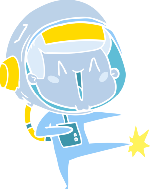 Bir insan tarafından çizilmiş mutlu düz renkli çizgi film astronot dansı.