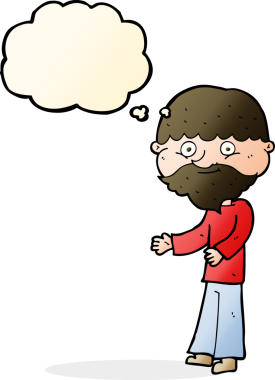 Bir insan tarafından çizilmiş düşünce baloncuğu olan mutlu sakallı adam.