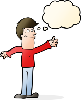 Bir insan tarafından çizilmiş düşünce baloncuğuyla el sallayan mutlu bir adam.