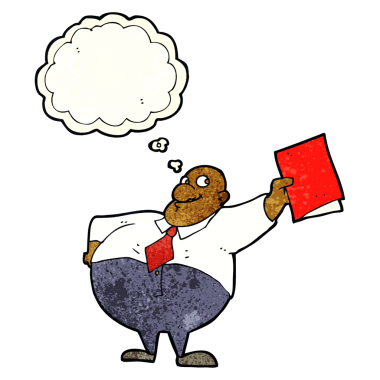 Bir insan tarafından çizilmiş düşünce balonlu mutlu patron çizgi filmi.