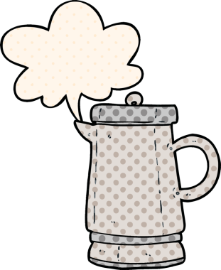 Bir insan tarafından çizilmiş çizgi roman tarzında konuşma balonu olan eski metal bir çaydanlık.