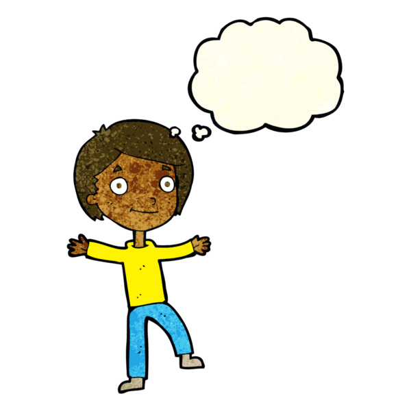 Bir insan tarafından çizilmiş düşünce baloncuğu olan heyecanlı çocuk.