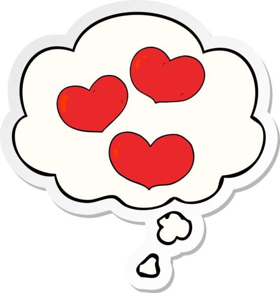 İnsan tarafından çizilmiş bir çıkartma gibi düşünce baloncuklu karikatür aşk kalpleri.