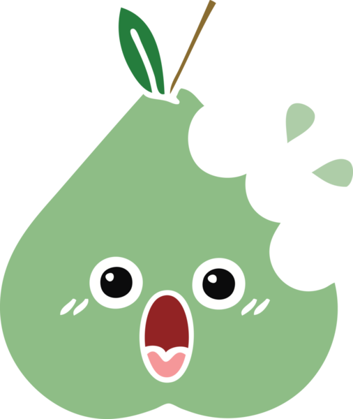 Bir insan tarafından çizilmiş yeşil bir armutun düz renkli retro karikatürü