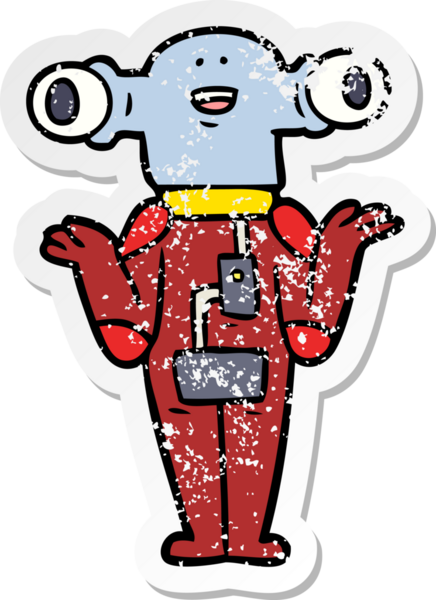 Bir insan tarafından çizilmiş dost canlısı uzaylı çizgi filminin sıkıntılı çıkartması.