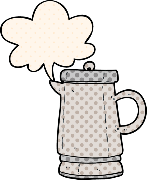 Bir insan tarafından çizilmiş çizgi roman tarzında konuşma balonu olan eski metal bir çaydanlık.