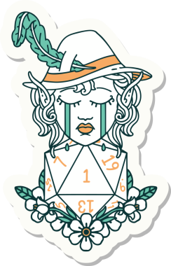 Ağlayan bir elf şair karakterinin çıkartması. Bir insan tarafından çizilmiş doğal bir D20 rulosu.