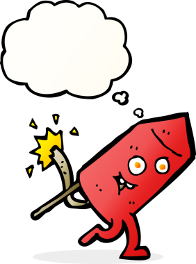 Bir insan tarafından çizilmiş düşünce baloncuklu komik havai fişek karakteri.