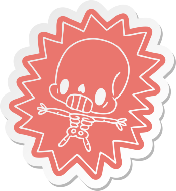 Karikatür etiketi kawaii bir insan tarafından çizilmiş iskelete elektrik verilmiş.