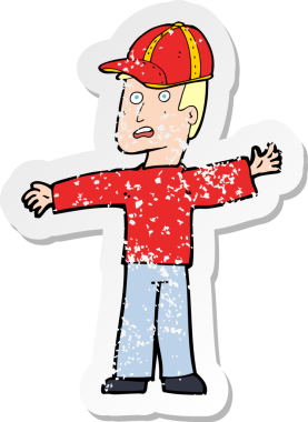 Bir insan tarafından çizilmiş şapkalı bir karikatürcünün sıkıntılı retro yapıştırması.