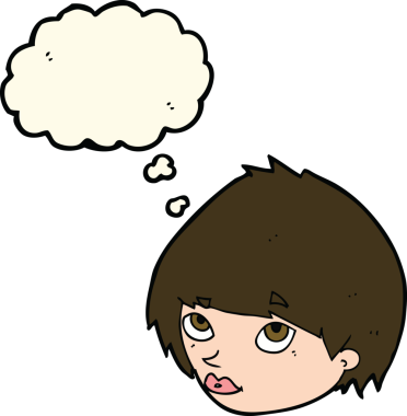 Bir insan tarafından çizilmiş düşünce baloncuğuyla yukarı bakan bir kadın yüzü.