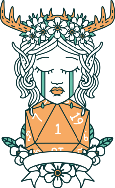 Retro Dövme Tarzı Üzgün Elf Karakteri Yüzü Doğal bir D20 ruloyla Bir insan tarafından çizilmiş