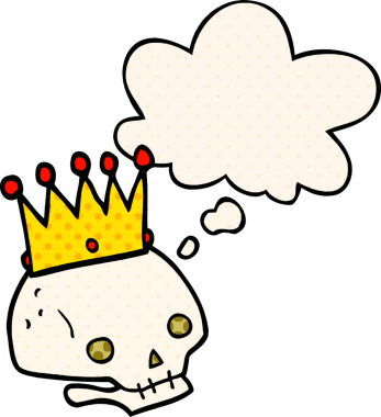 Karikatür kafatası ve insan tarafından çizilmiş düşünce baloncuğu.