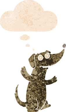 Düşünce baloncuğu ile çizgi film köpeğinin grunge sıkıntılı retro tarzı bir insan tarafından çizilmiş