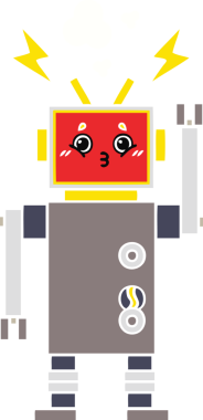 Bir insan tarafından çizilen robot arızasının düz renk retro karikatürü