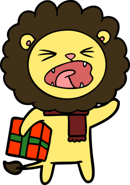 Bir insan tarafından çizilmiş noel hediyeli çizgi film aslanı.