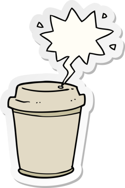 Bir insan tarafından çizilmiş konuşma balonu çıkartmalı kahve fincanı.