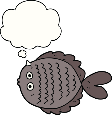 Bir insan tarafından çizilmiş düşünce baloncuklu düz balık çizgi filmi.