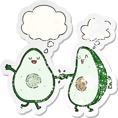 Düşünce baloncuğu ile dans eden çizgi film avokadolarını bir insan tarafından çizilmiş yıpranmış bir çıkartma gibi düşün.