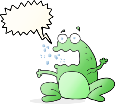 Bir insan tarafından çizilmiş serbest konuşma balonu karikatürü geğiren kurbağa.